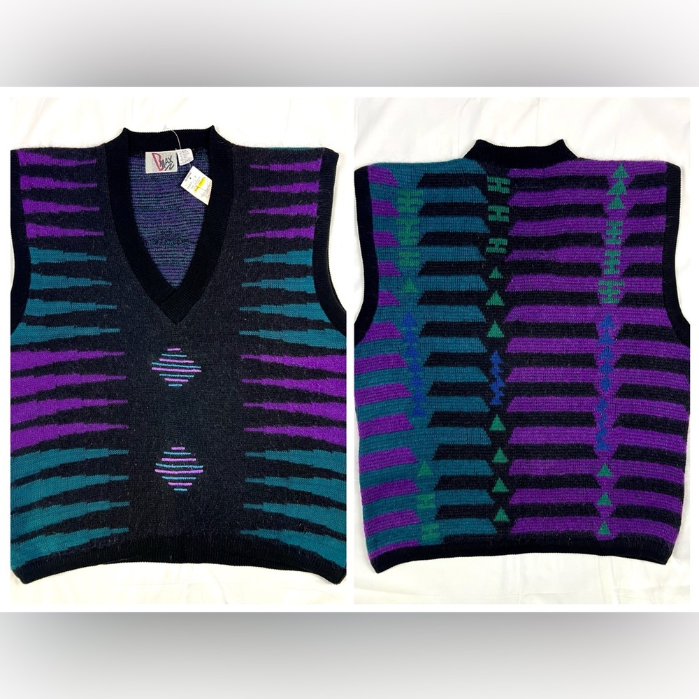 Vintage 90s BMAX Fresh Prince Mohair Wool Geometric Sweater Vest Mens Large Blac